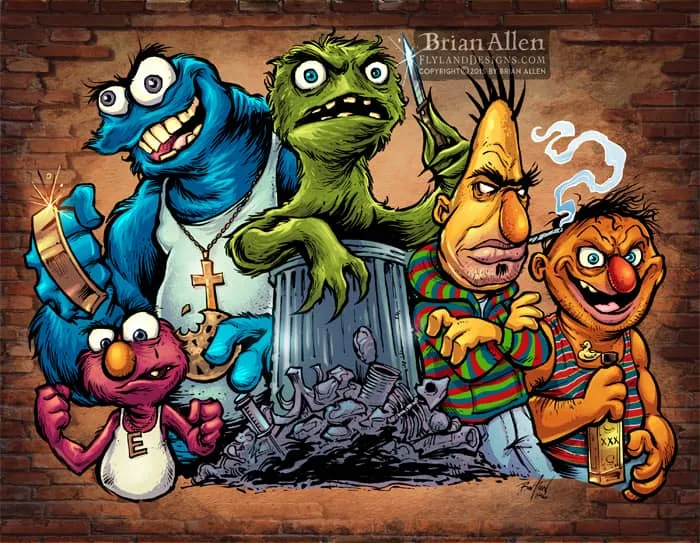FlylLand Designs Sesame Street Gang konsttryck signerat