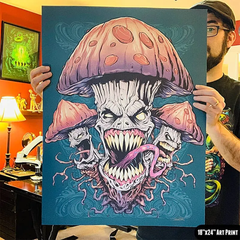 FlylLand Designs Evil Mushroom konsttryck 11x14 grinande svampar
