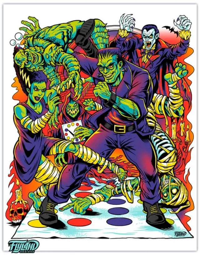 FlylLand Designs Monsters Playing Twister konsttryck 28x36 cm signerad