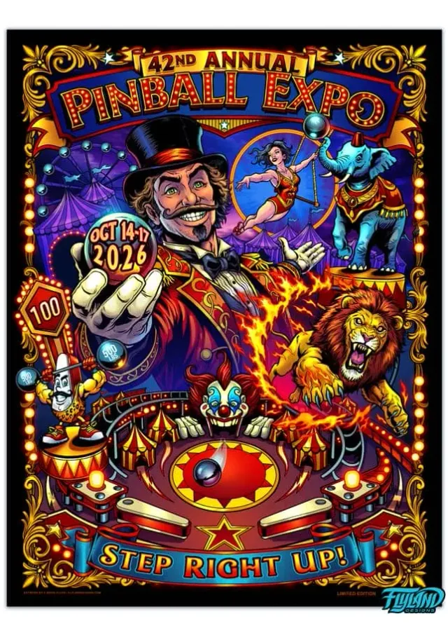 FlylLand Designs Pinball Expo 2026 poster signerad 46x61 cm