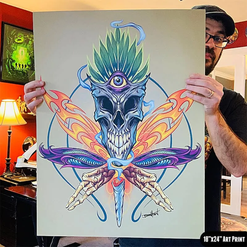 FlylLand Designs Cannabis Skull konsttryck signerat