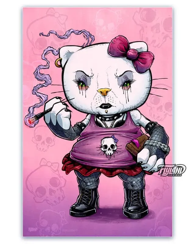 FlylLand Designs Goth Hello Kitty konsttryck signerat