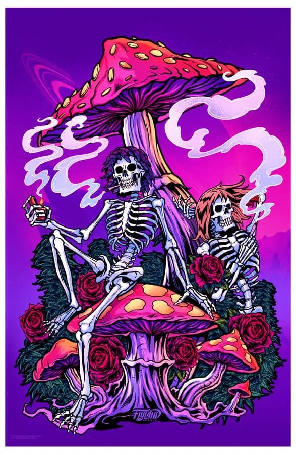 FlylLand Designs Cannabis Smoking Skeletons 11x17 konsttryck