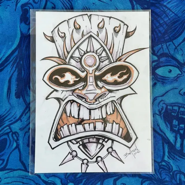 FlylLand Designs Angry Spiked Tiki tuschteckning original 13x18