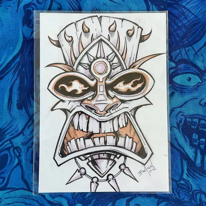FlylLand Designs Angry Spiked Tiki tuschteckning original 13x18