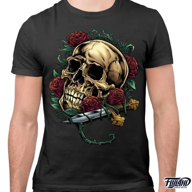 FlylLand Designs Skull Roses Dagger t-shirt mjuk bomull