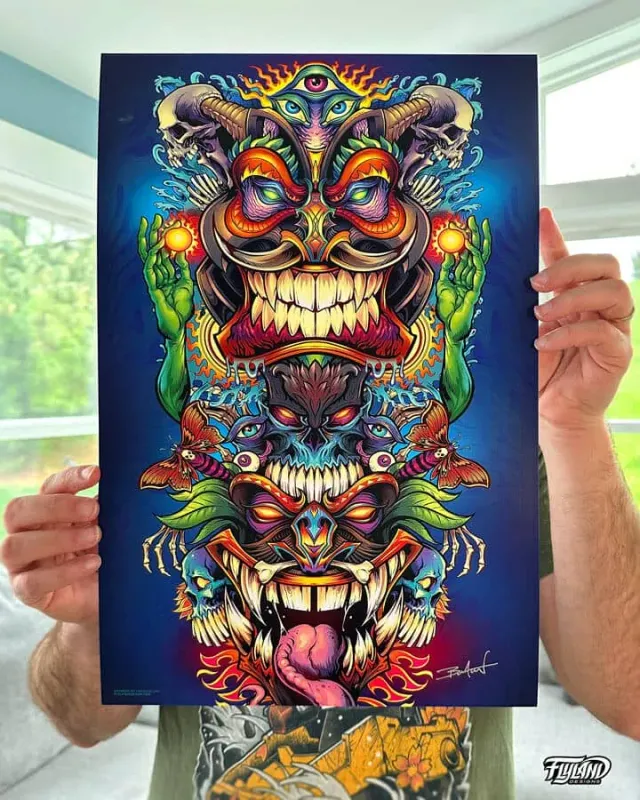 FlylLand Designs Psychedelic Tiki Totem Gods konsttryck 28x43 signerad
