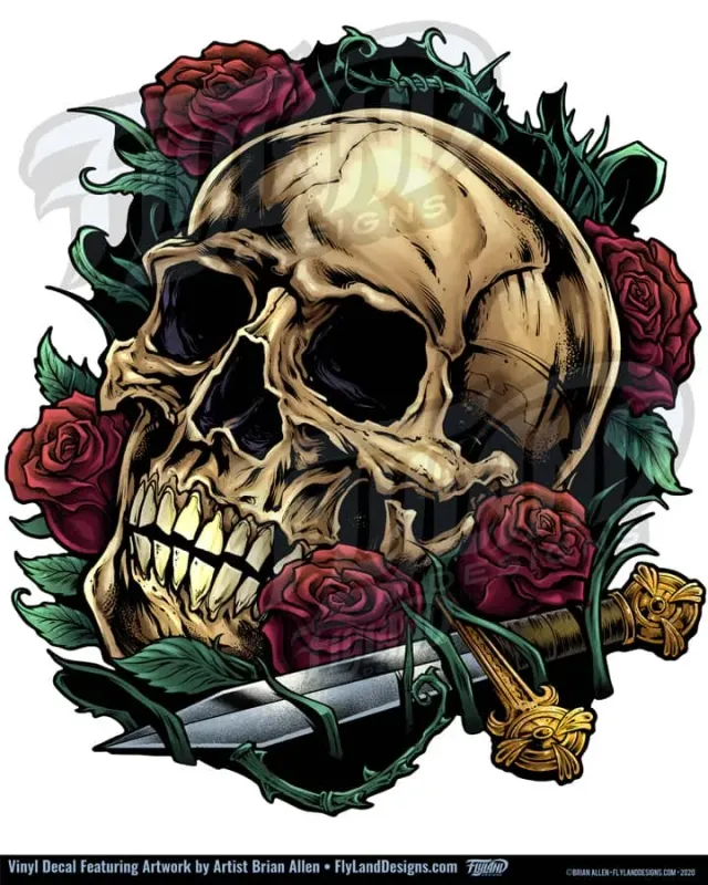 FlylLand Designs Skull Roses Dagger vinyldekal