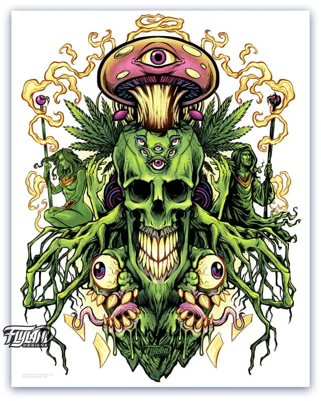 FlylLand Designs Marijuana Skull art print trippy signerad
