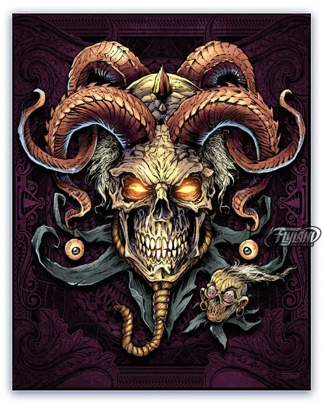 FlylLand Designs Jester Skull Horns artprint 11x11 horn
