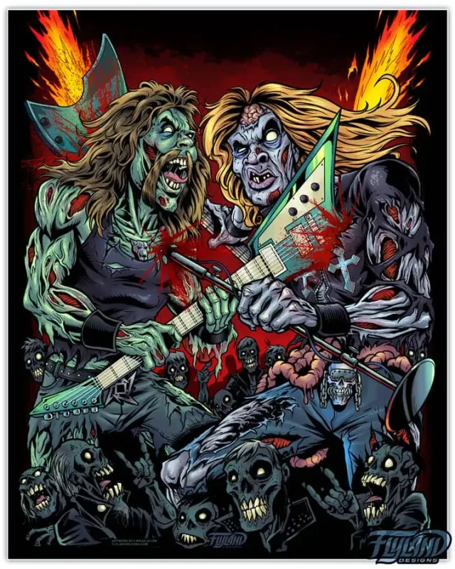FlylLand Designs James Hetfield Vs Dave Mustaine Zombies konsttryck signerad 28x36 cm
