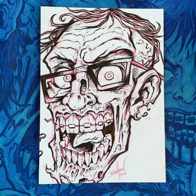 FlylLand Designs Zombie Nerd tuschteckning original 13x18 cm