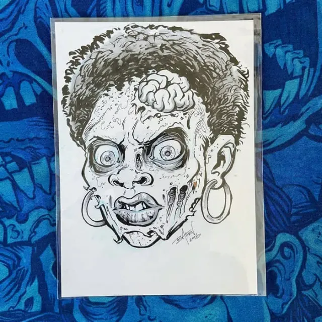 FlylLand Designs Zombie Afro Woman bläckteckning original