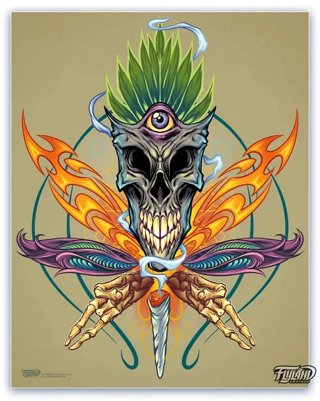 FlylLand Designs Cannabis Skull konsttryck signerat
