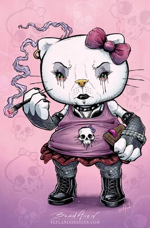 FlylLand Designs Goth Hello Kitty konsttryck signerat