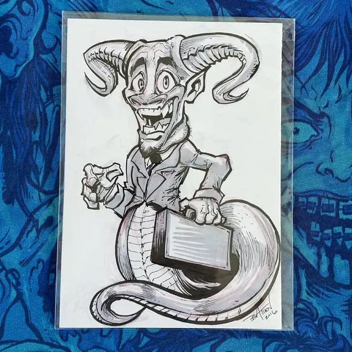 FlylLand Designs Hells Friendly Lawyer bläckteckning original