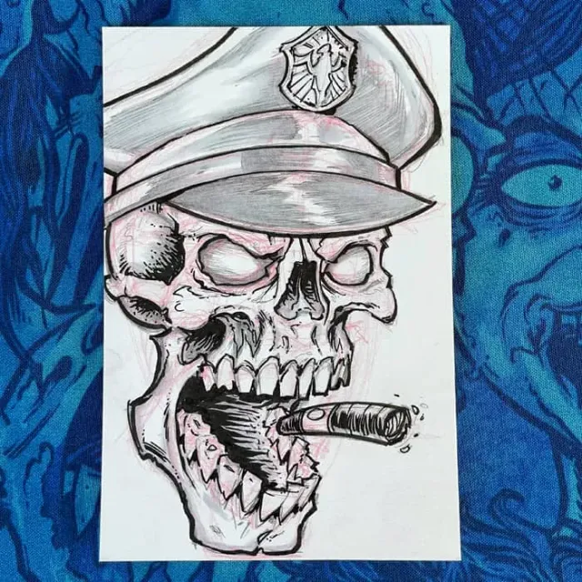 FlylLand Designs Angry Skull Cop 034 tuschteckning original